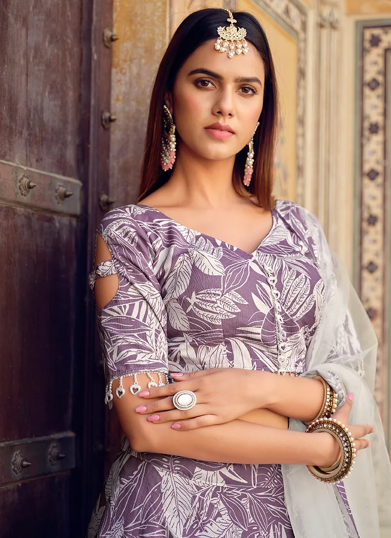 Purple And White Printed Crinkle Lehenga Choli