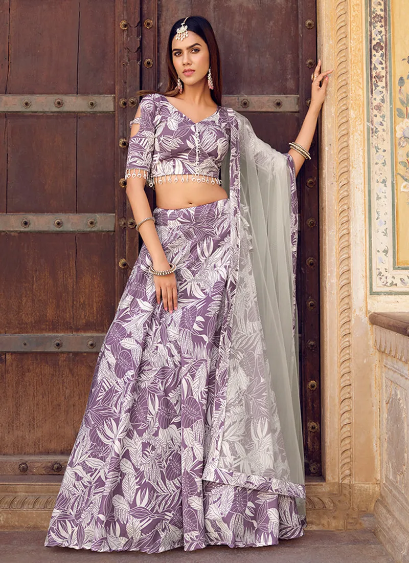 Purple And White Printed Crinkle Lehenga Choli