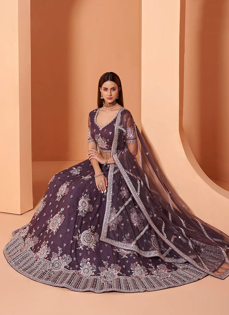 Purple Floral Embroidered Wedding Lehenga Choli