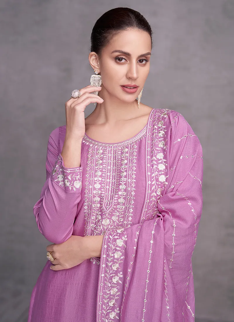 Purple Sequence Embroidery Wedding Palazzo Suit