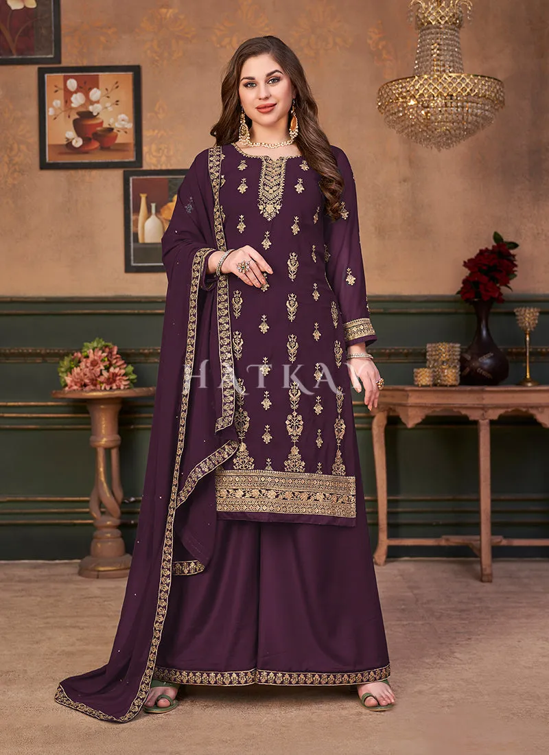 Purple Traditional Embroidered Designer Palazzo Suit