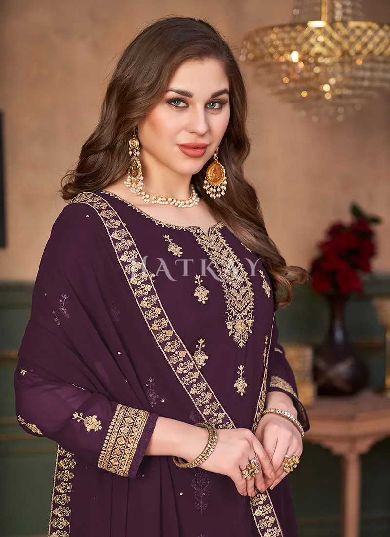 Purple Traditional Embroidered Designer Palazzo Suit
