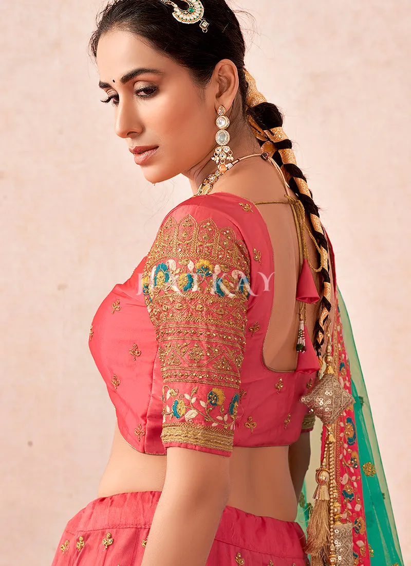 Red And Sea Green Multi Embroidered Traditional Lehenga Choli