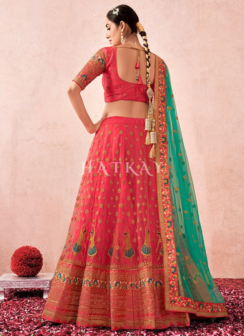 Red And Sea Green Multi Embroidered Traditional Lehenga Choli