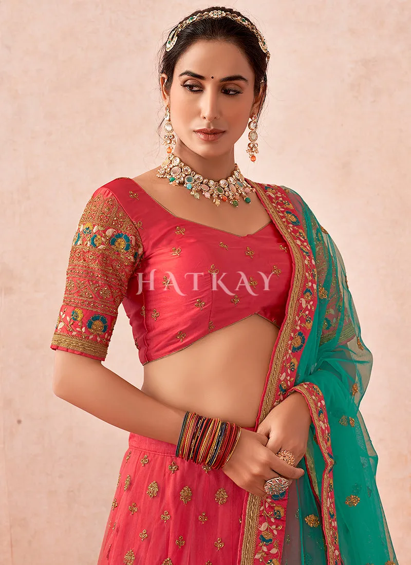 Red And Sea Green Multi Embroidered Traditional Lehenga Choli