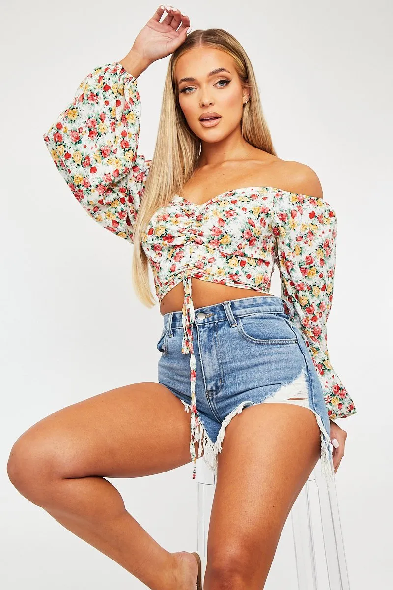 Red Floral Ruched Centre Bardot Crop Top - Heily