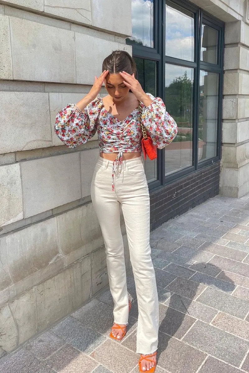 Red Floral Ruched Centre Bardot Crop Top - Heily