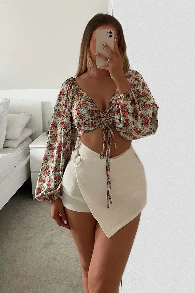 Red Floral Ruched Centre Bardot Crop Top - Heily