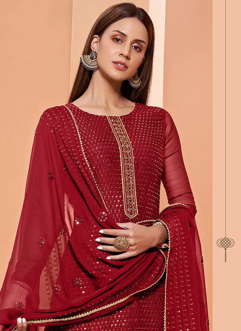 Red Georgette Designer Palazzo Suit