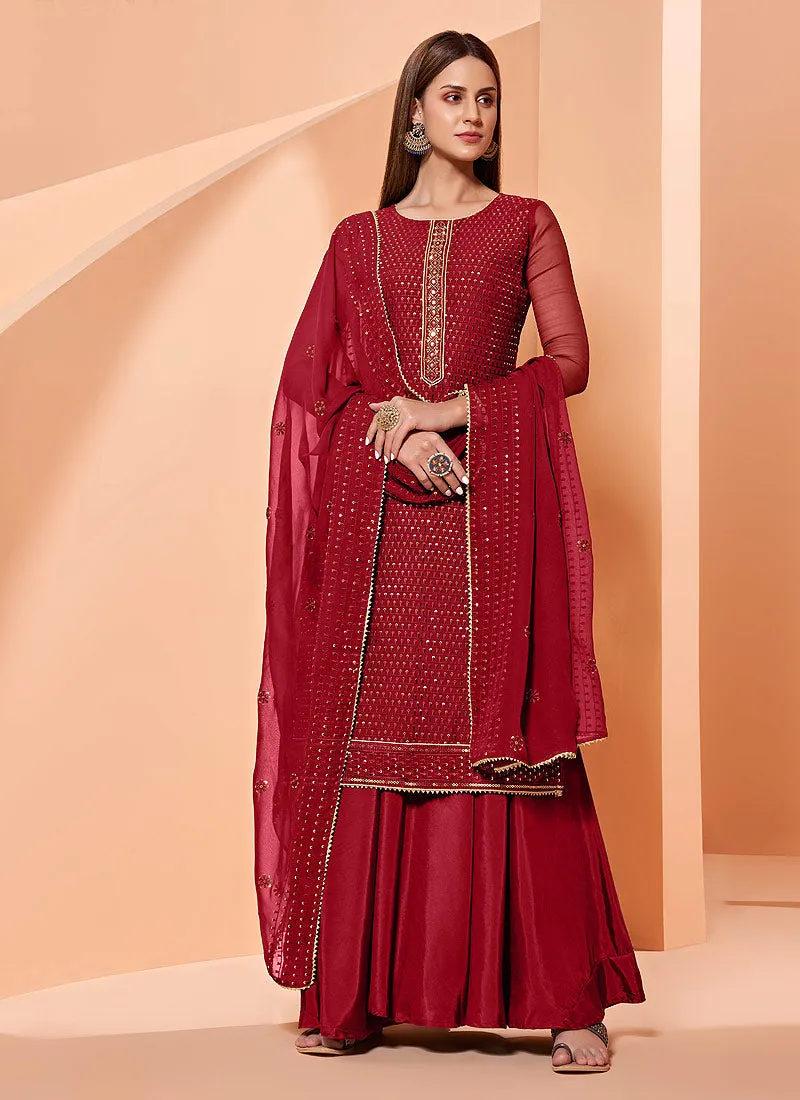 Red Georgette Designer Palazzo Suit