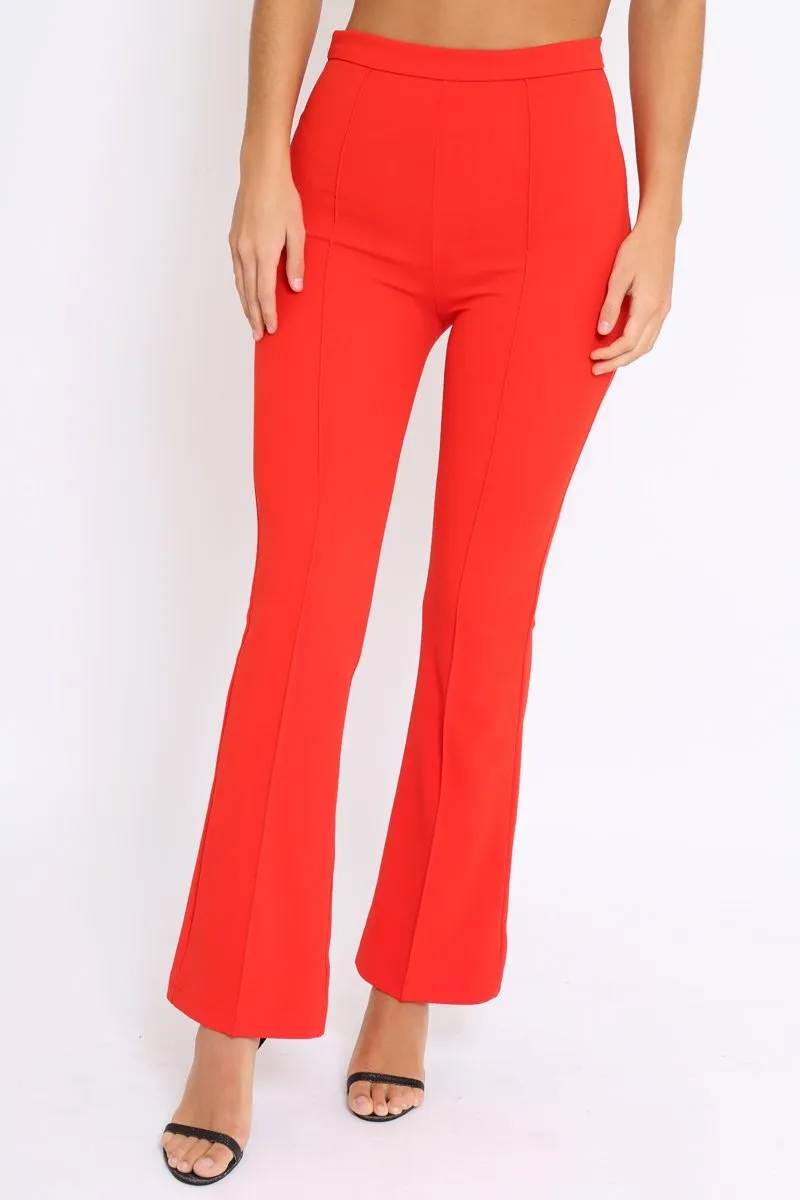Red Tailored High Waist Flare Trousers - Adela
