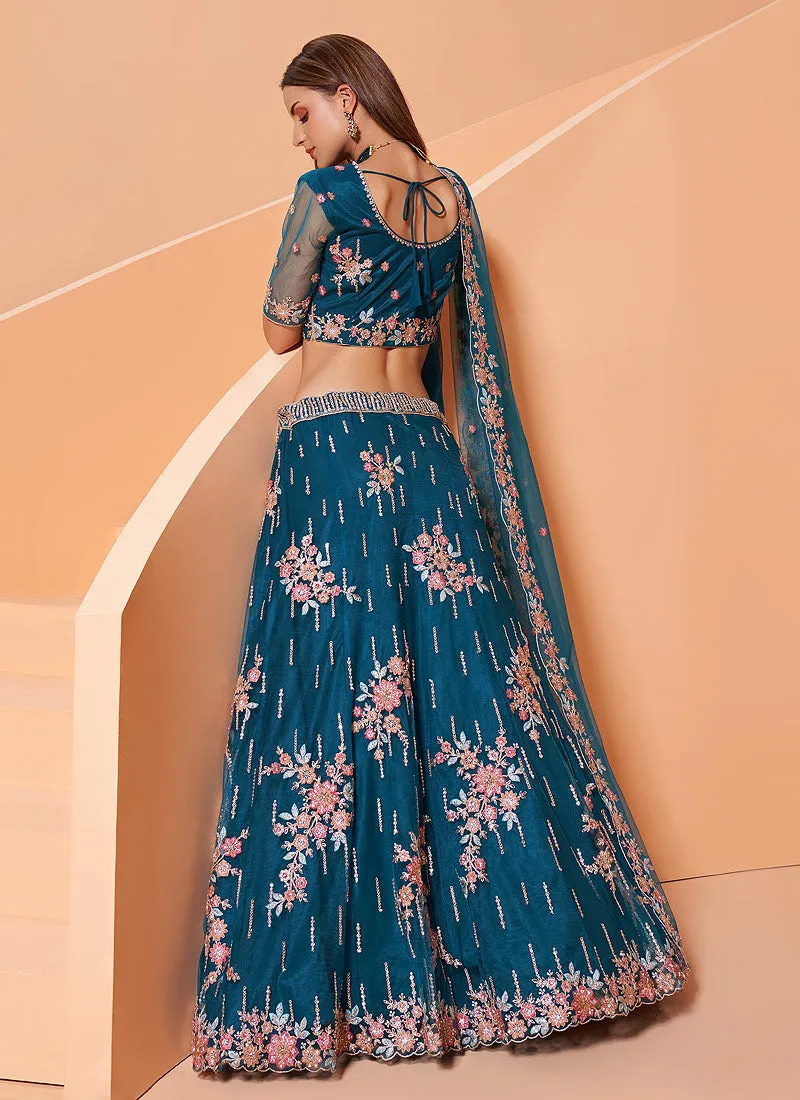 Royal Blue Motif Embroidered Wedding Lehenga Choli