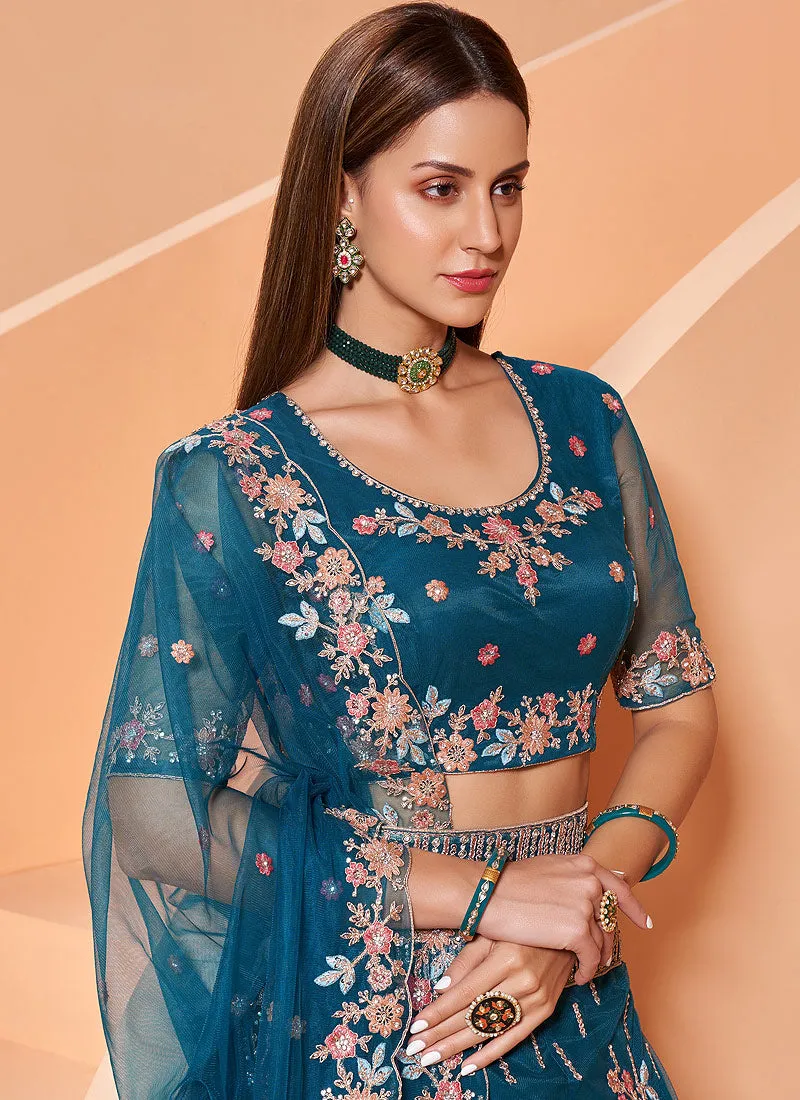 Royal Blue Motif Embroidered Wedding Lehenga Choli