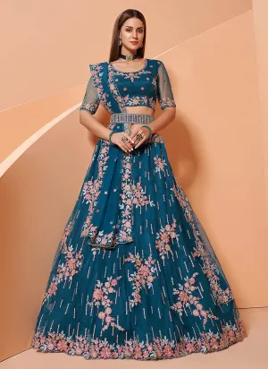 Royal Blue Motif Embroidered Wedding Lehenga Choli