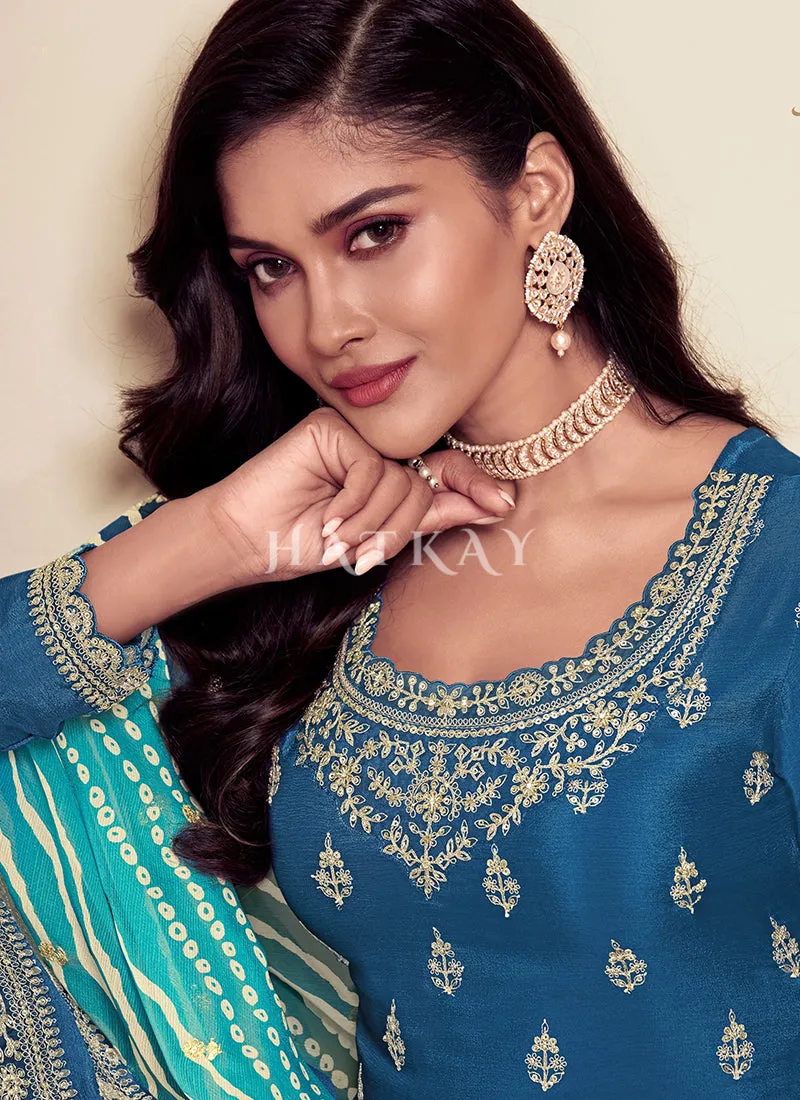 Royal Blue Reshamkari Embroidery Sharara Suit