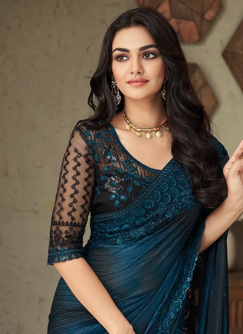 Royal Blue Sequence Embroidery Designer Silk Saree