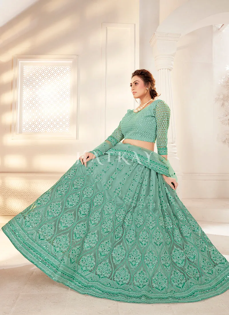 Sea Green Embroidered Wedding Style Net Lehenga Choli