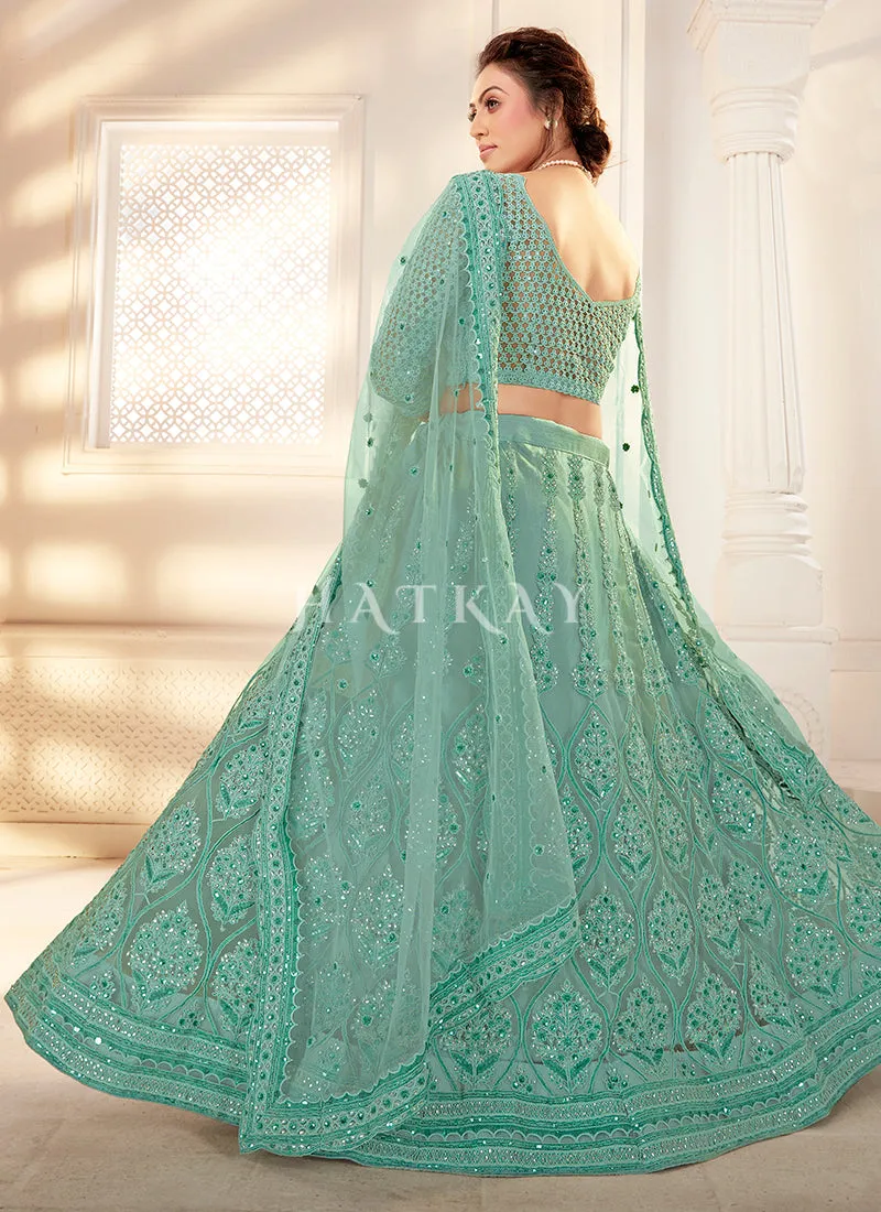 Sea Green Embroidered Wedding Style Net Lehenga Choli