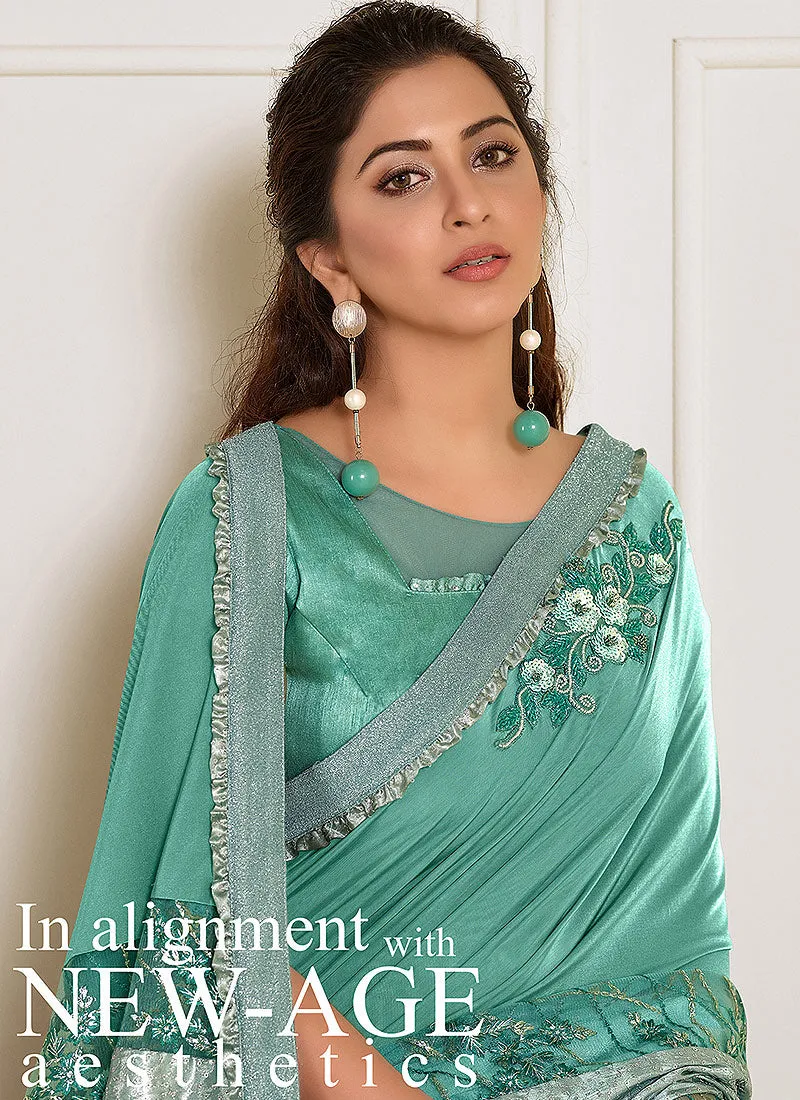 Sea Green Sequence Embroidered Designer Saree
