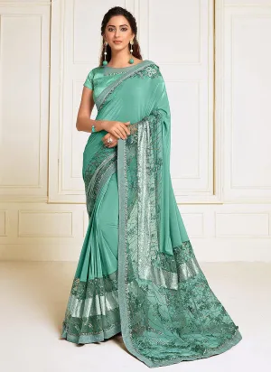 Sea Green Sequence Embroidered Designer Saree