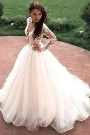 Sexy A Line Scoop Sweep Train Long Sleeves Tulle Bridal Gown Wedding Dresses Appliques OHD165