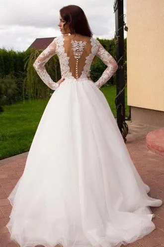 Sexy A Line Scoop Sweep Train Long Sleeves Tulle Bridal Gown Wedding Dresses Appliques OHD165