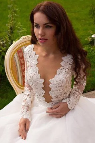 Sexy A Line Scoop Sweep Train Long Sleeves Tulle Bridal Gown Wedding Dresses Appliques OHD165