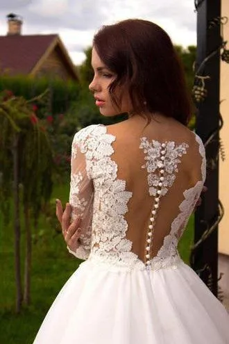 Sexy A Line Scoop Sweep Train Long Sleeves Tulle Bridal Gown Wedding Dresses Appliques OHD165