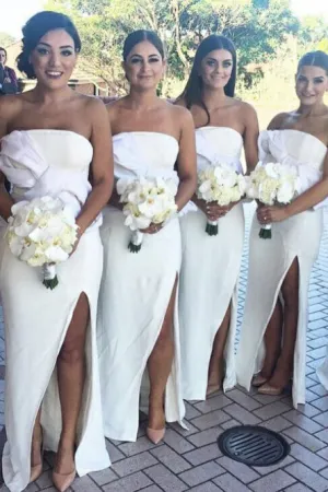 Sheath Strapless Floor-Length White Bridesmaid Dress with Split Bowknot OHS024
