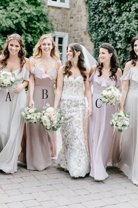 Simple A-Line Spaghetti Straps Cold Shoulder Floor-Length Light Grey Bridesmaid Dress with Ruffles OHS131