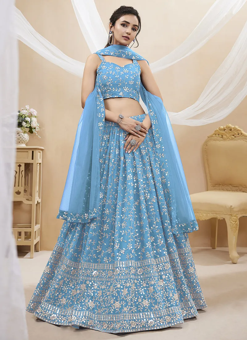 Sky Blue Sequence Embroidery Wedding Lehenga Choli