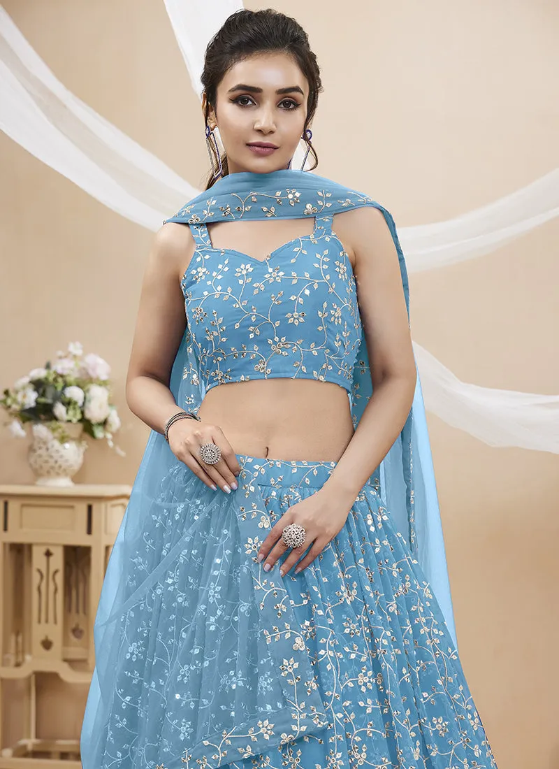 Sky Blue Sequence Embroidery Wedding Lehenga Choli