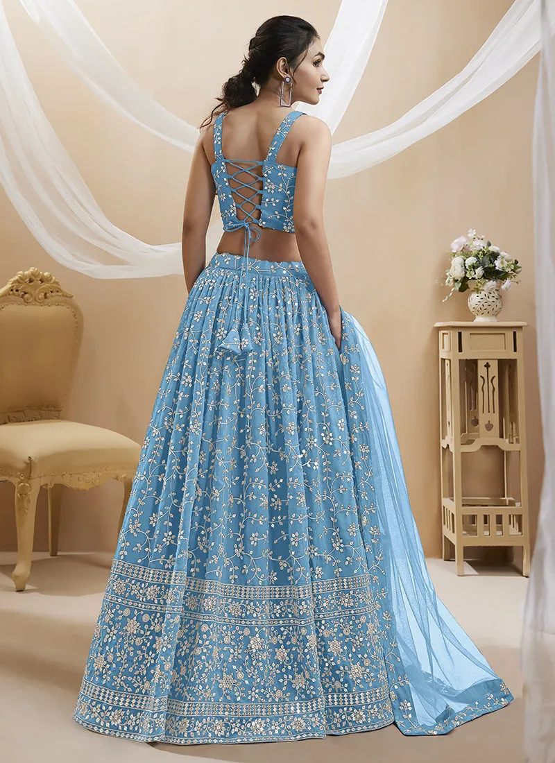 Sky Blue Sequence Embroidery Wedding Lehenga Choli