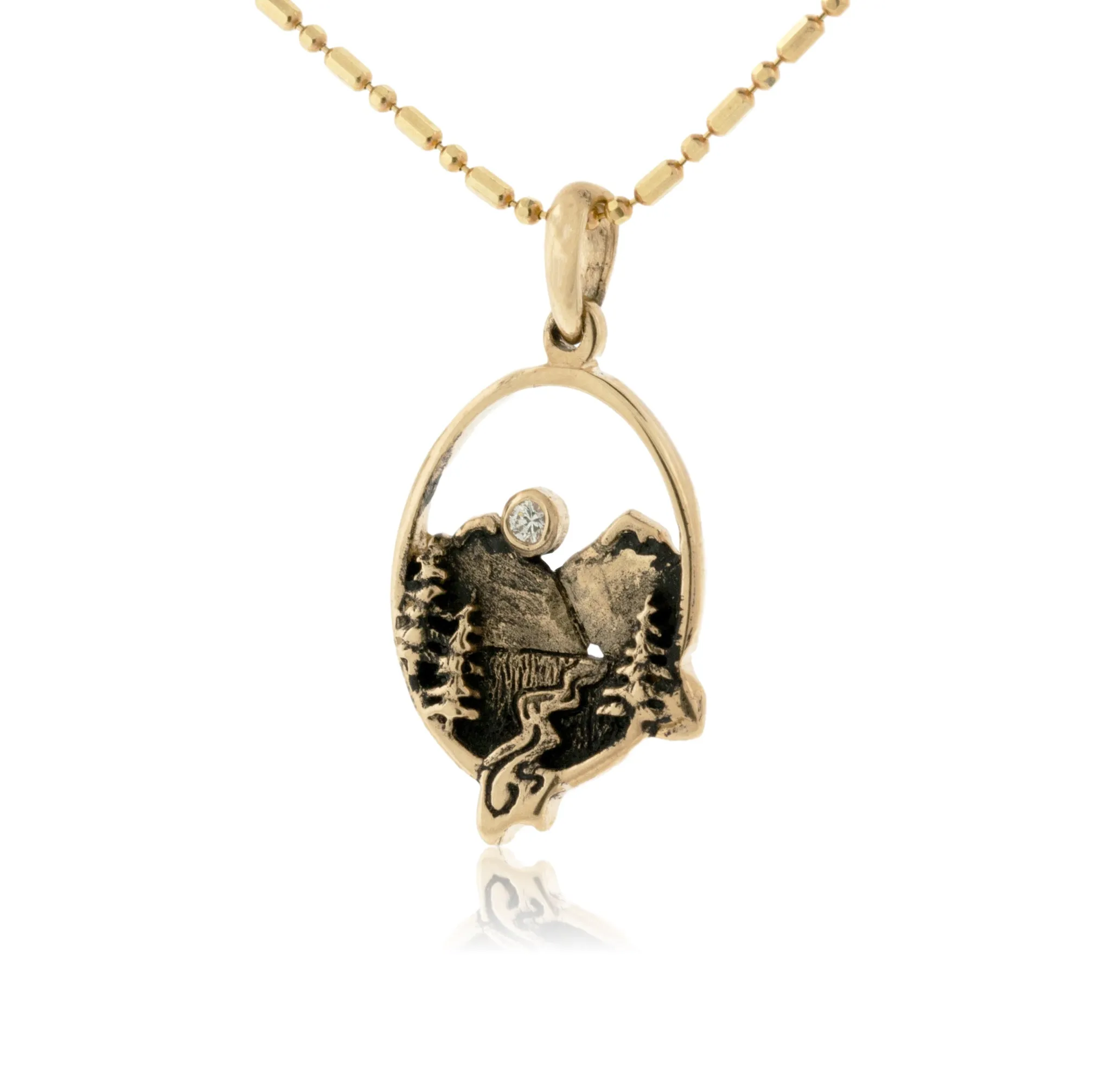Small Oval Mountain Scene with Tree & River Pendant