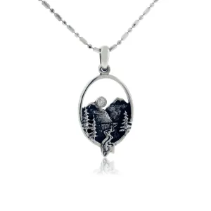 Small Oval Mountain Scene with Tree & River Pendant