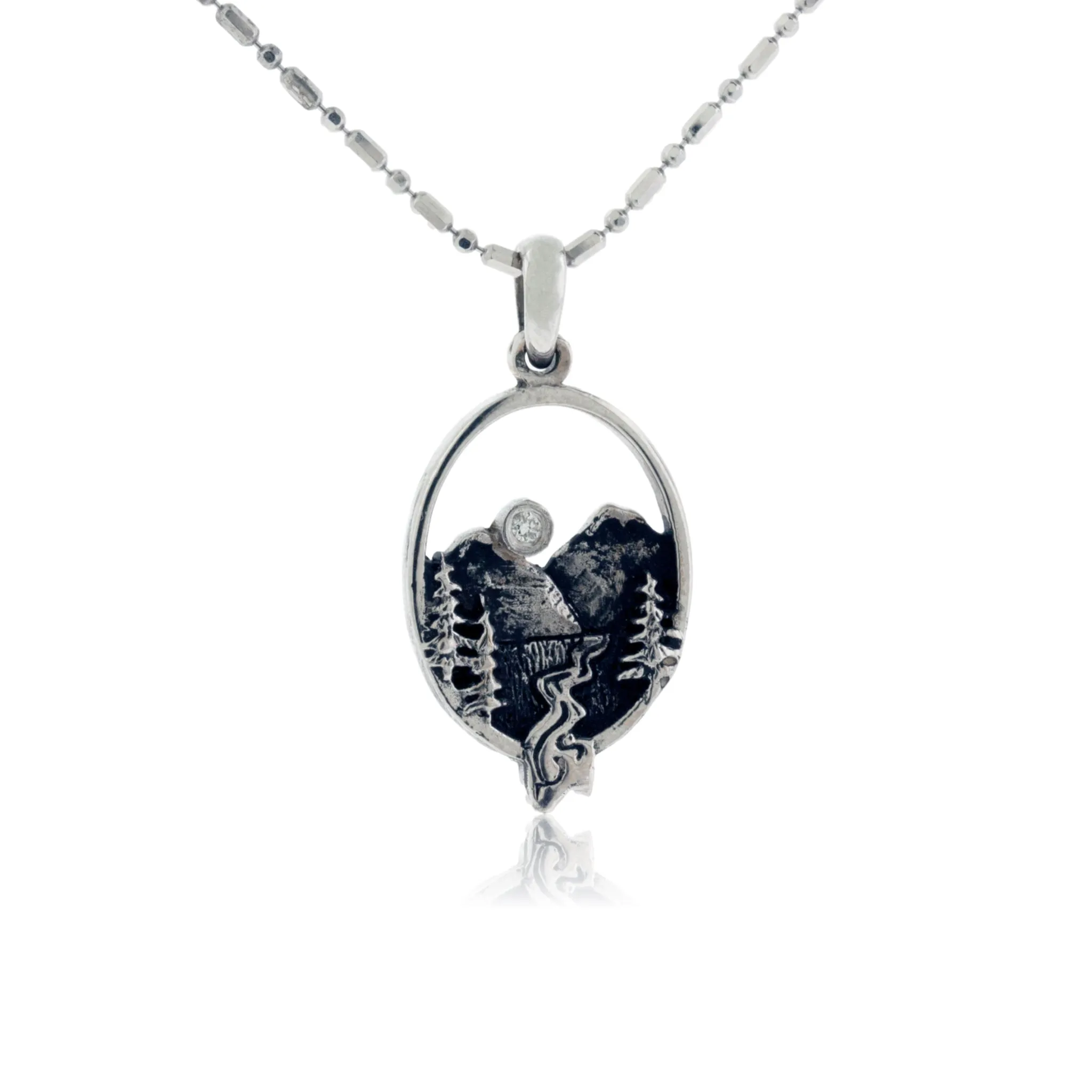 Small Oval Mountain Scene with Tree & River Pendant