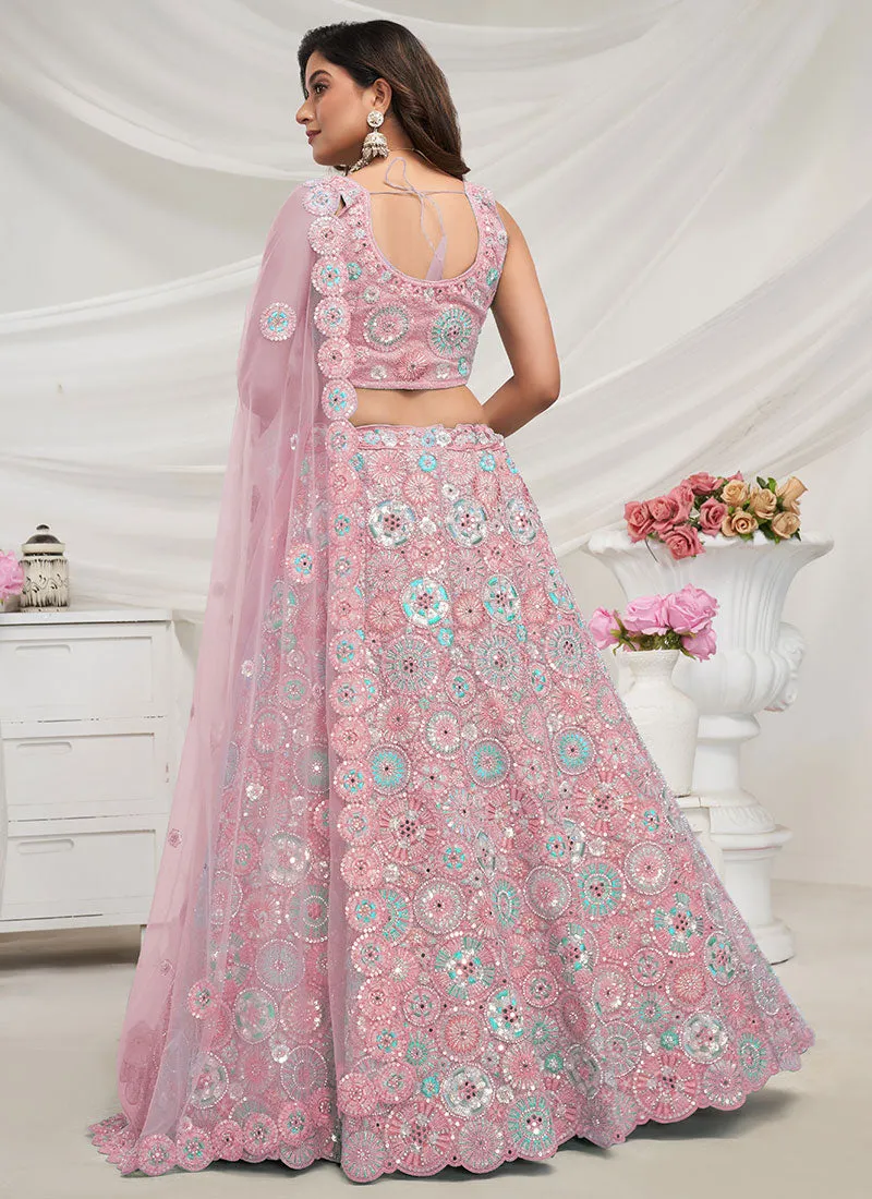 Soft Pink Multi Thread And Sequence Embroidery Wedding Lehenga