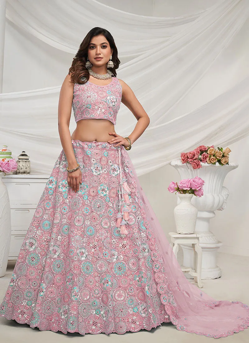 Soft Pink Multi Thread And Sequence Embroidery Wedding Lehenga