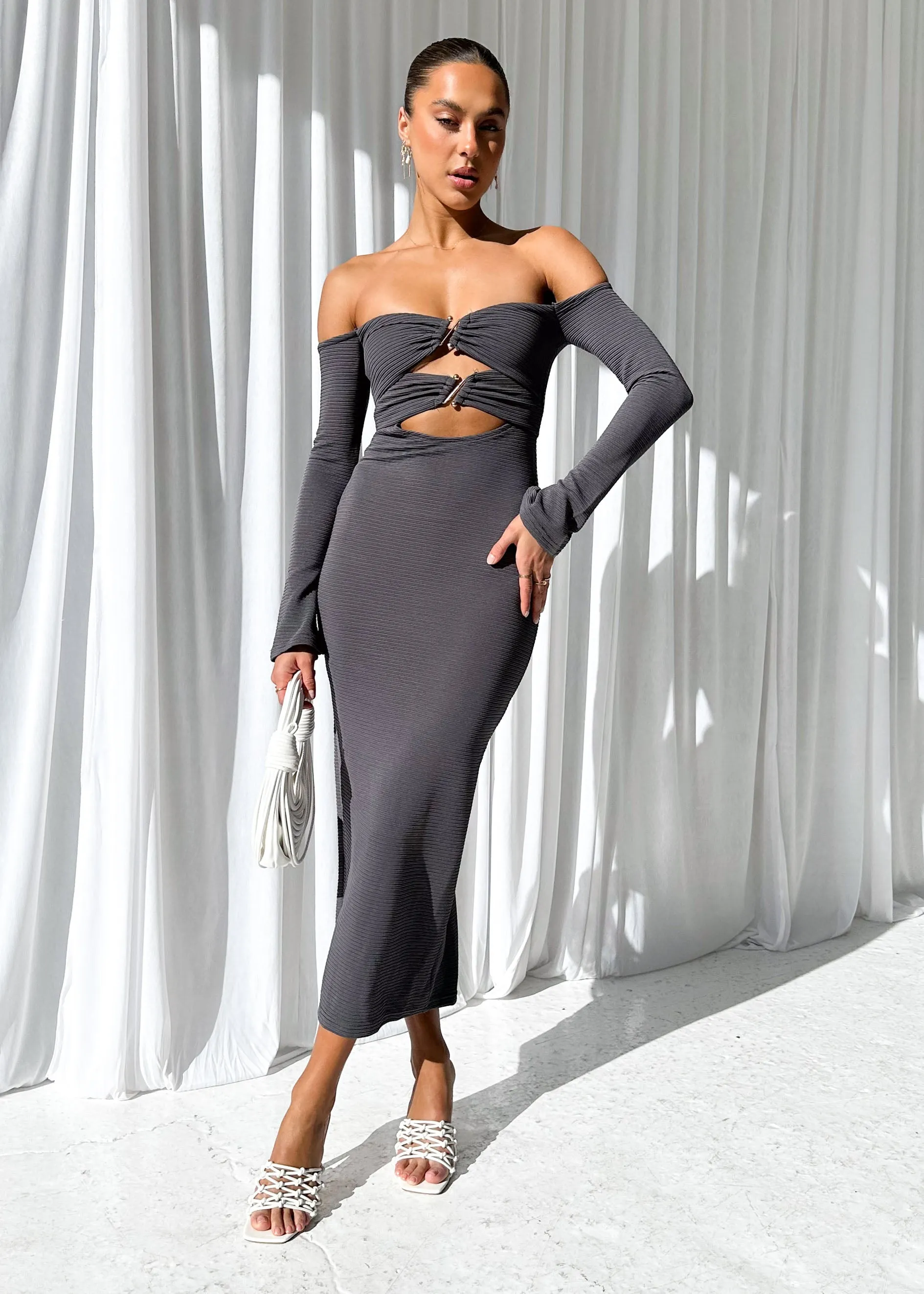 Tarrie Off Shoulder Midi Dress - Charcoal