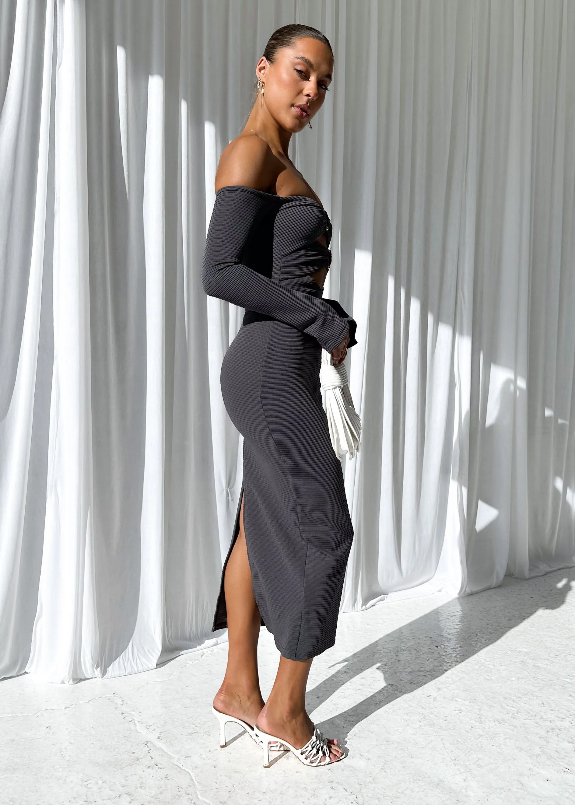 Tarrie Off Shoulder Midi Dress - Charcoal