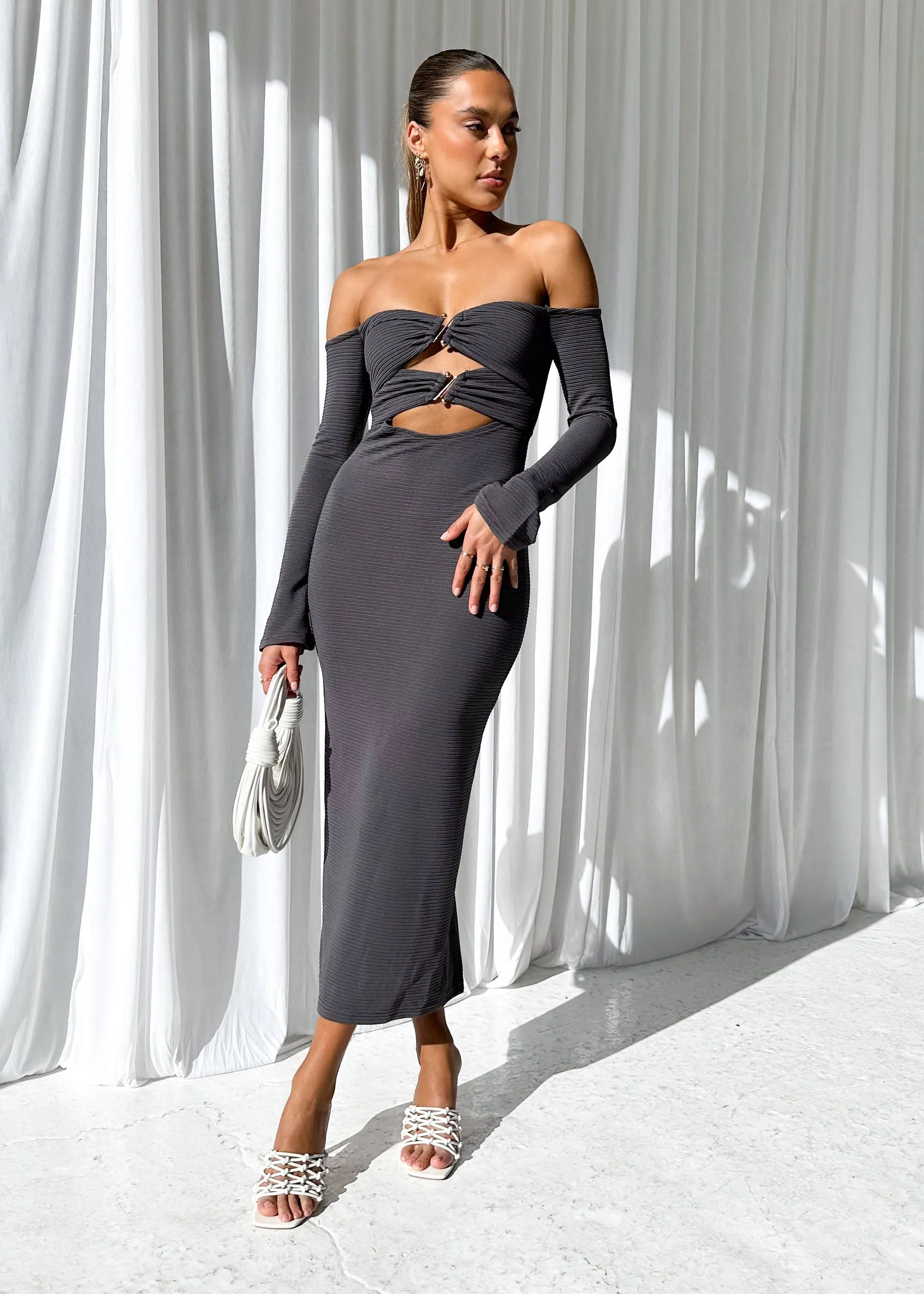 Tarrie Off Shoulder Midi Dress - Charcoal