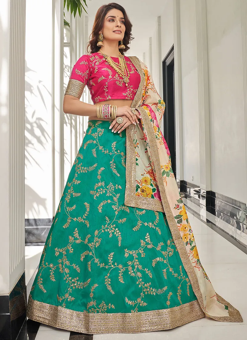 Teal And Pink Embroidery Wedding Lehenga Choli