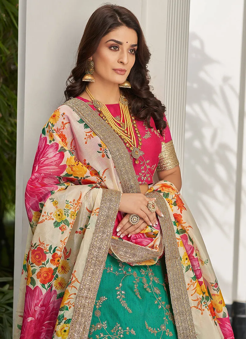 Teal And Pink Embroidery Wedding Lehenga Choli