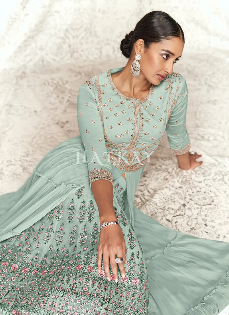 Teal Blue Multi Embroidered Designer Anarkali Lehenga
