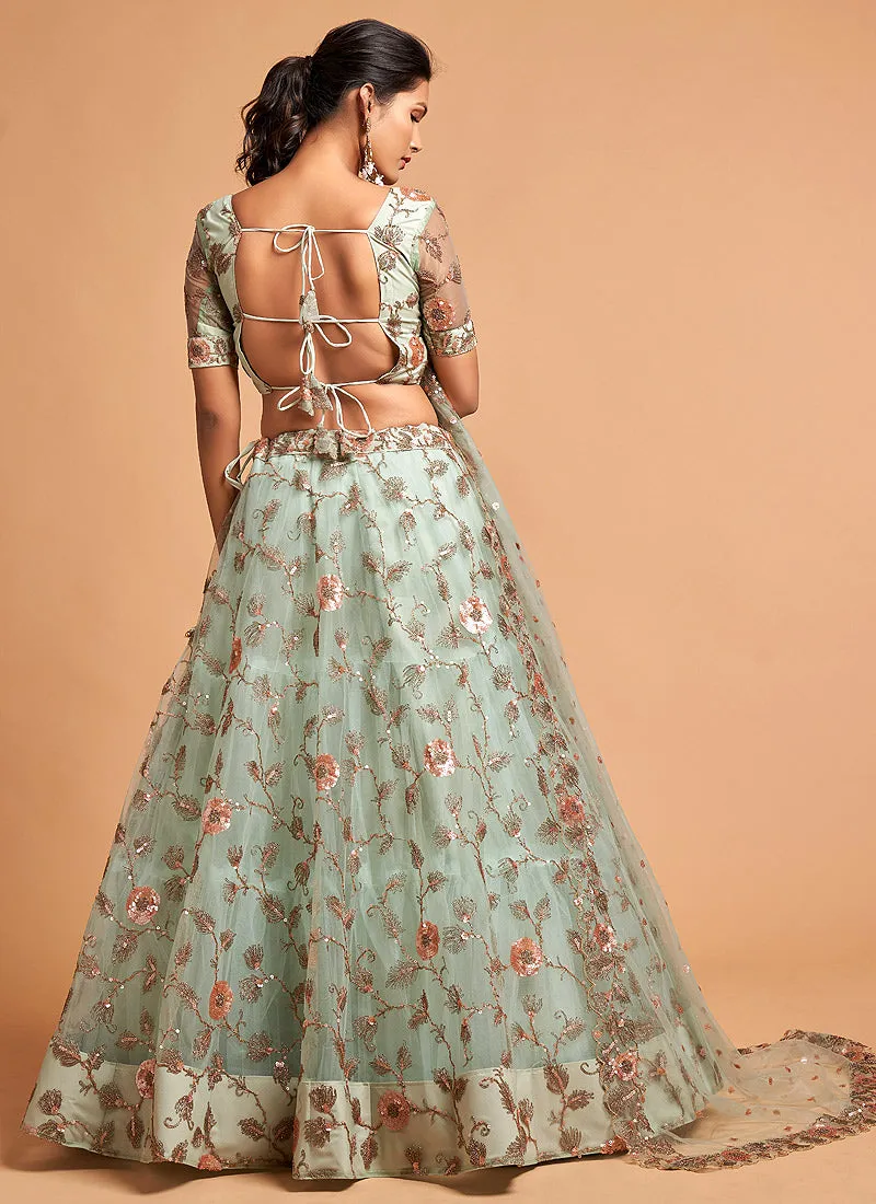 Teal Blue Sequence Embroidered Designer Lehenga Choli