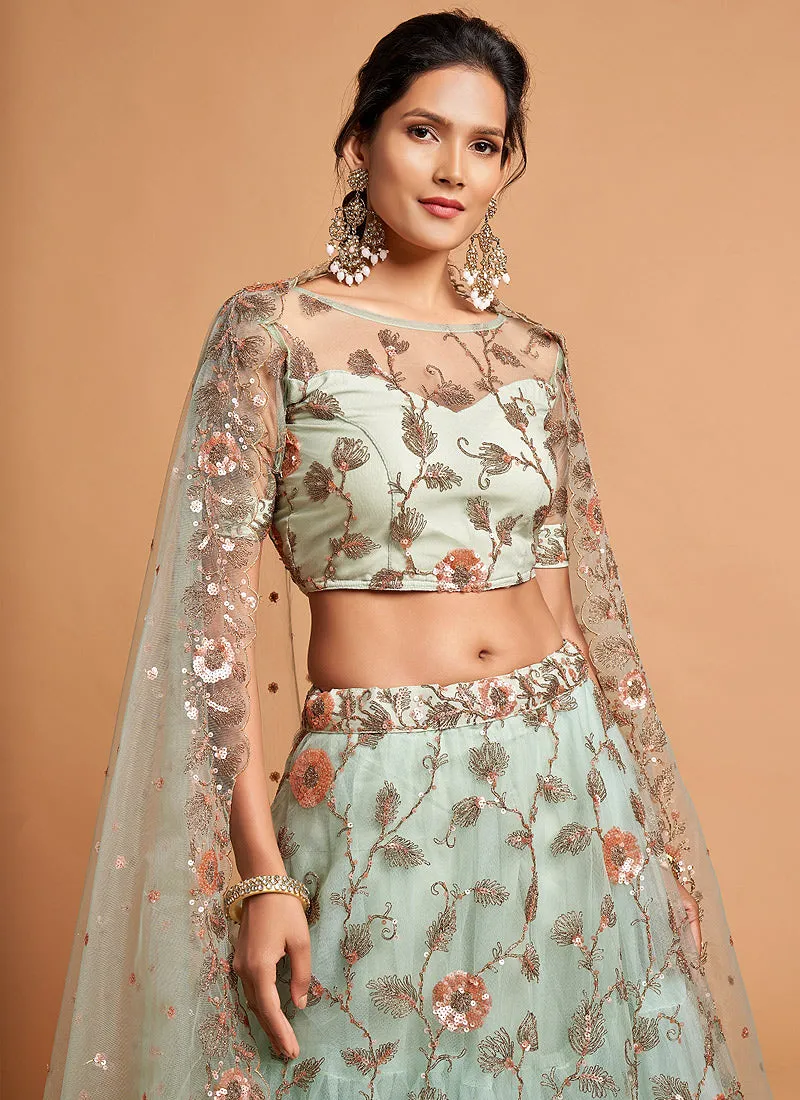 Teal Blue Sequence Embroidered Designer Lehenga Choli