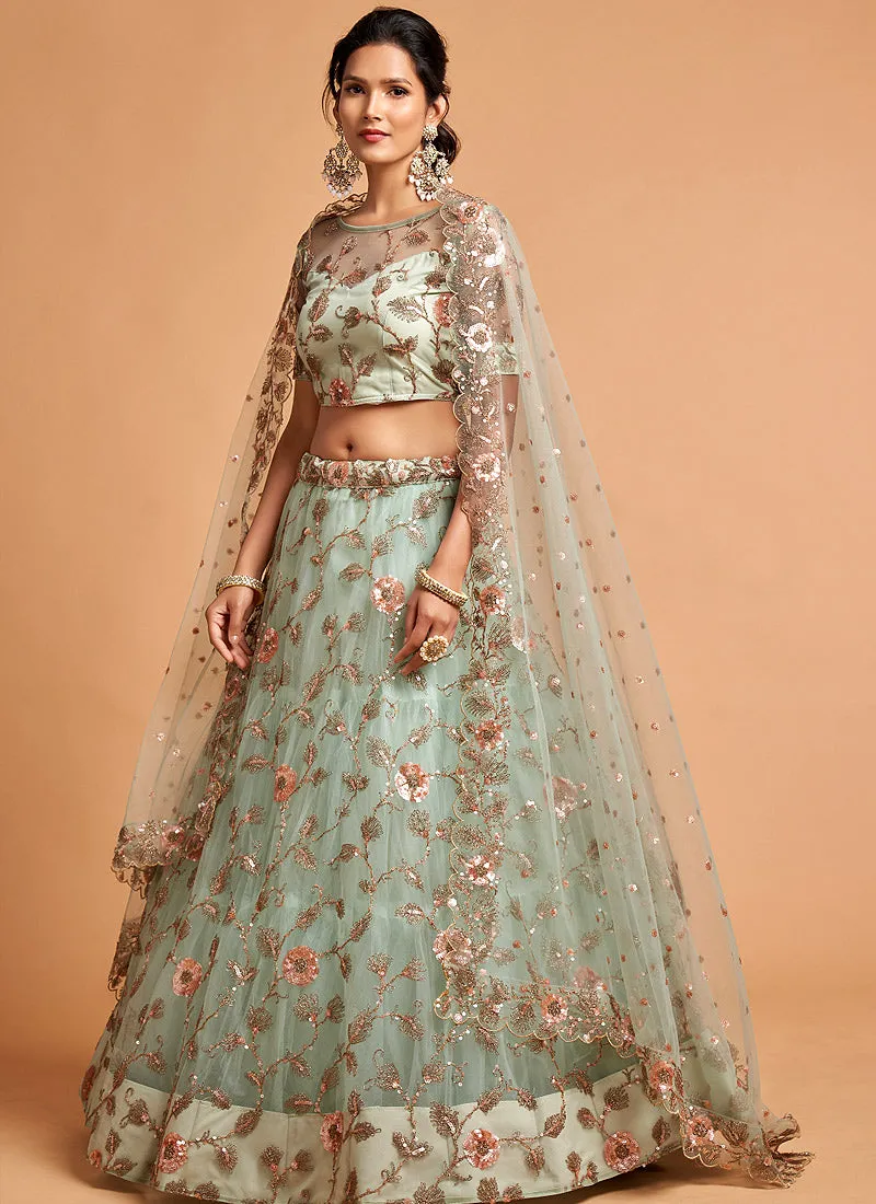 Teal Blue Sequence Embroidered Designer Lehenga Choli