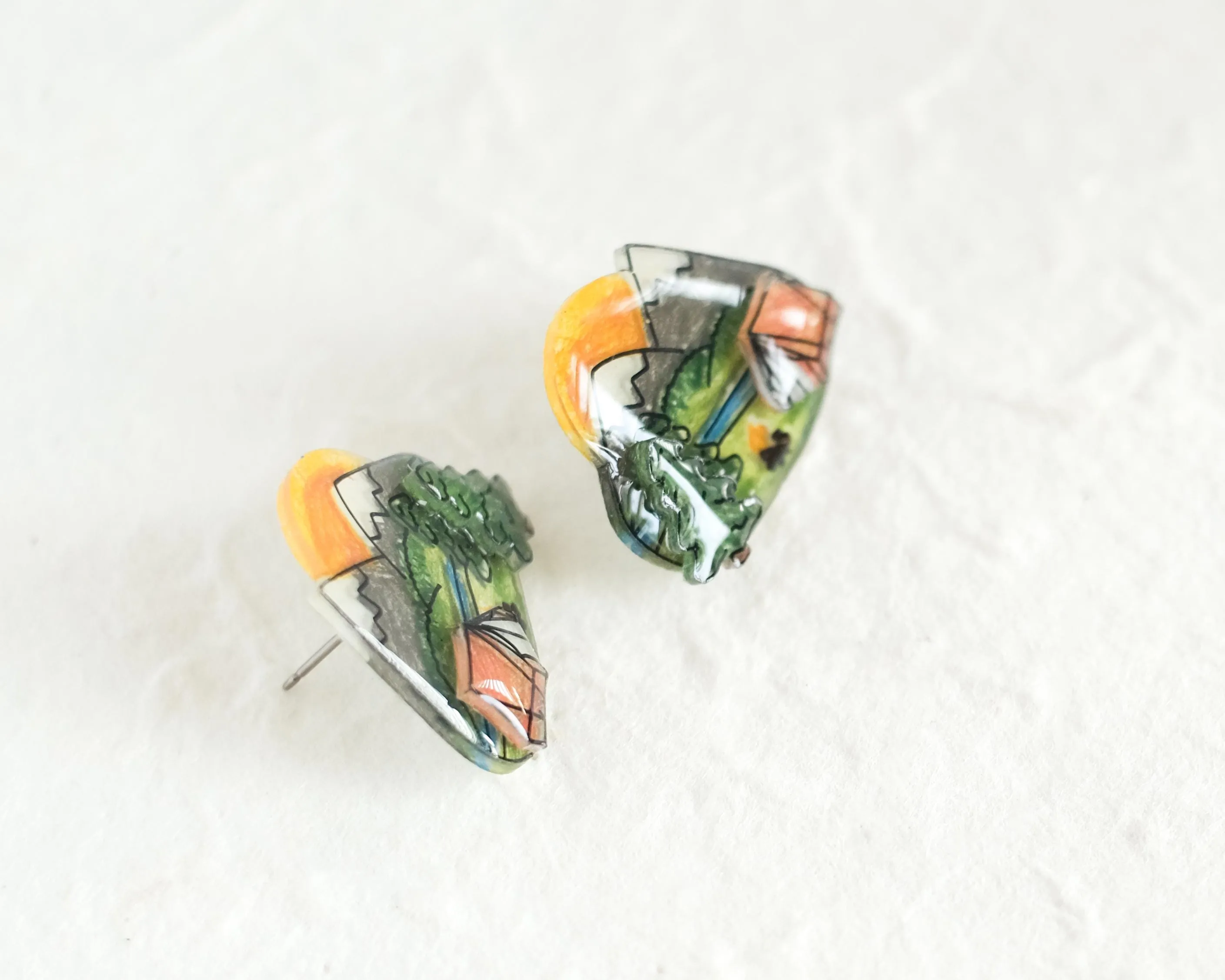 Tent Camping Scene Statement Studs / Outdoor Backpacking Mountain Nature Earrings