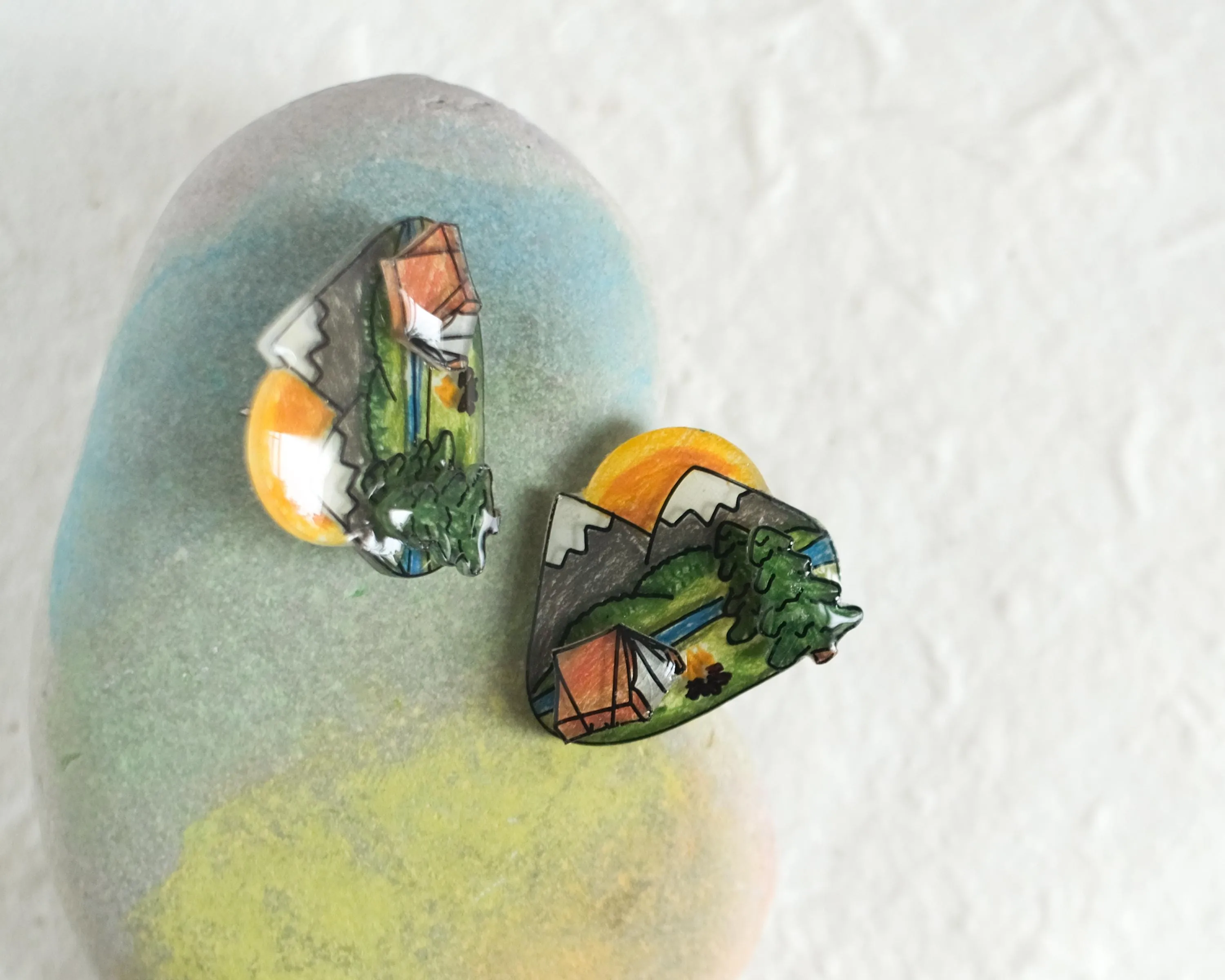 Tent Camping Scene Statement Studs / Outdoor Backpacking Mountain Nature Earrings