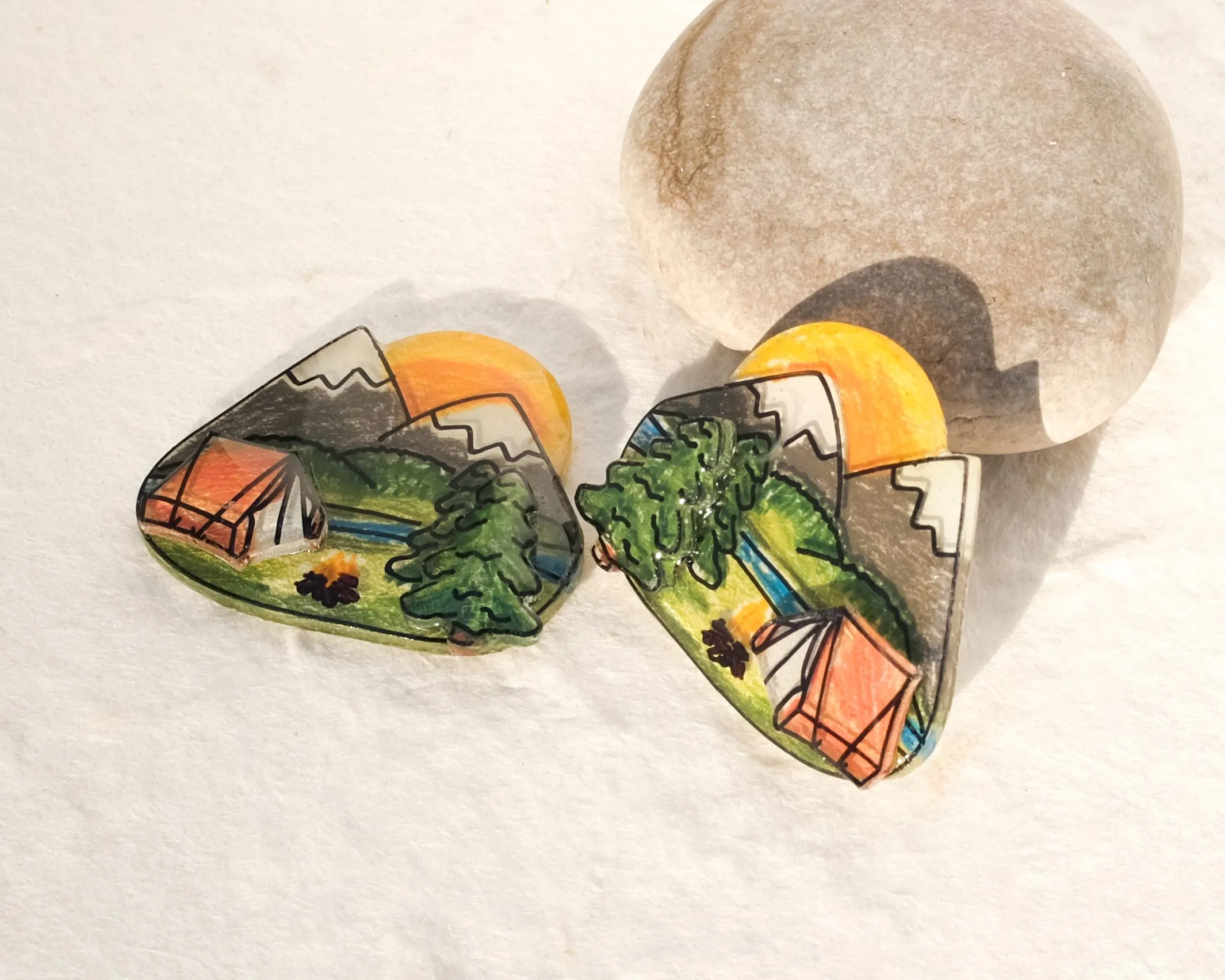 Tent Camping Scene Statement Studs / Outdoor Backpacking Mountain Nature Earrings
